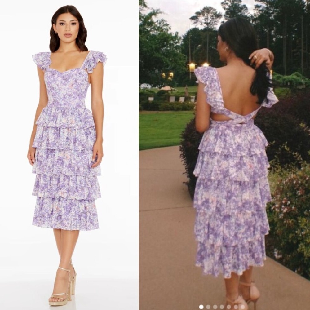 DRESS THE POPULATION Kristen Floral Ruffle Tier Midi Dress in Lavender Multi